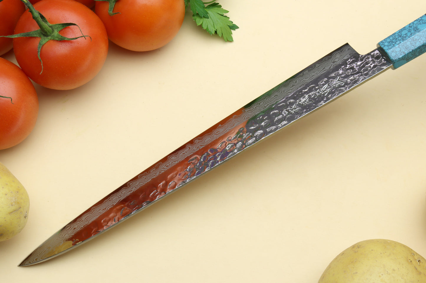 Yoshihiro VG-10 46 Layers Hammered Damascus Sujihiki Japanese Slicer Knife Octagonal Turquoise Blue Handle (Blade Length: 9.5" (240mm))