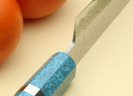 Yoshihiro VG-10 46 Layers Hammered Damascus Sujihiki Japanese Slicer Knife Octagonal Turquoise Blue Handle (Blade Length: 9.5" (240mm))