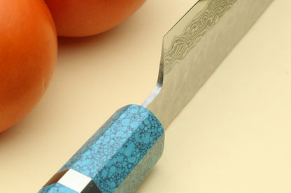 Yoshihiro VG-10 46 Layers Hammered Damascus Sujihiki Japanese Slicer Knife Octagonal Turquoise Blue Handle (Blade Length: 9.5" (240mm))