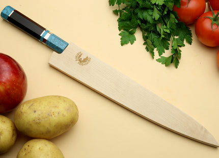Yoshihiro VG-10 46 Layers Hammered Damascus Sujihiki Japanese Slicer Knife Octagonal Turquoise Blue Handle (Blade Length: 9.5" (240mm))