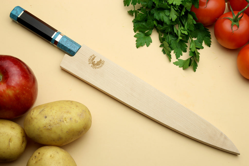 Yoshihiro VG-10 46 Layers Hammered Damascus Sujihiki Japanese Slicer Knife Octagonal Turquoise Blue Handle (Blade Length: 9.5" (240mm))