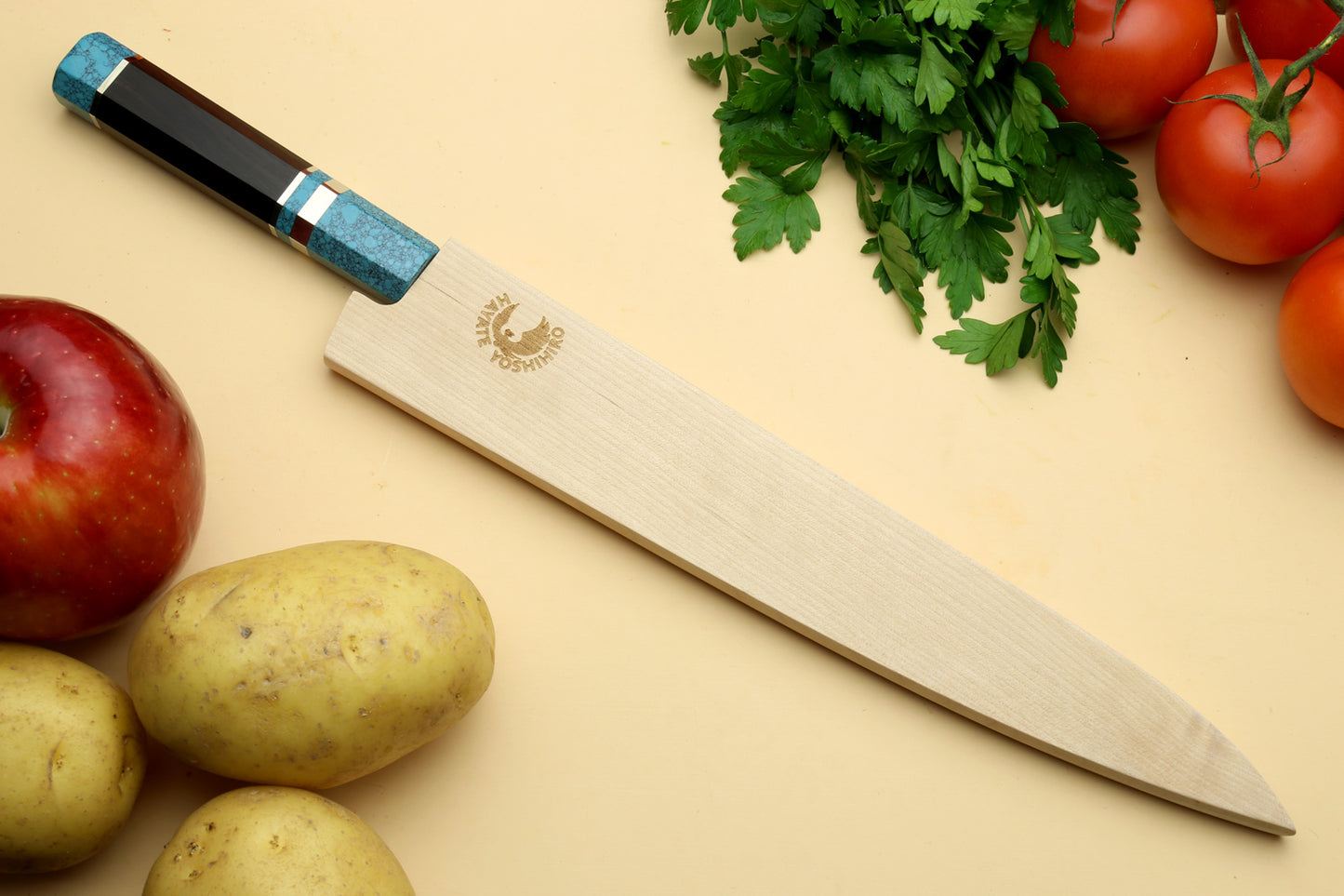 Yoshihiro VG-10 46 Layers Hammered Damascus Sujihiki Japanese Slicer Knife Octagonal Turquoise Blue Handle (Blade Length: 9.5" (240mm))