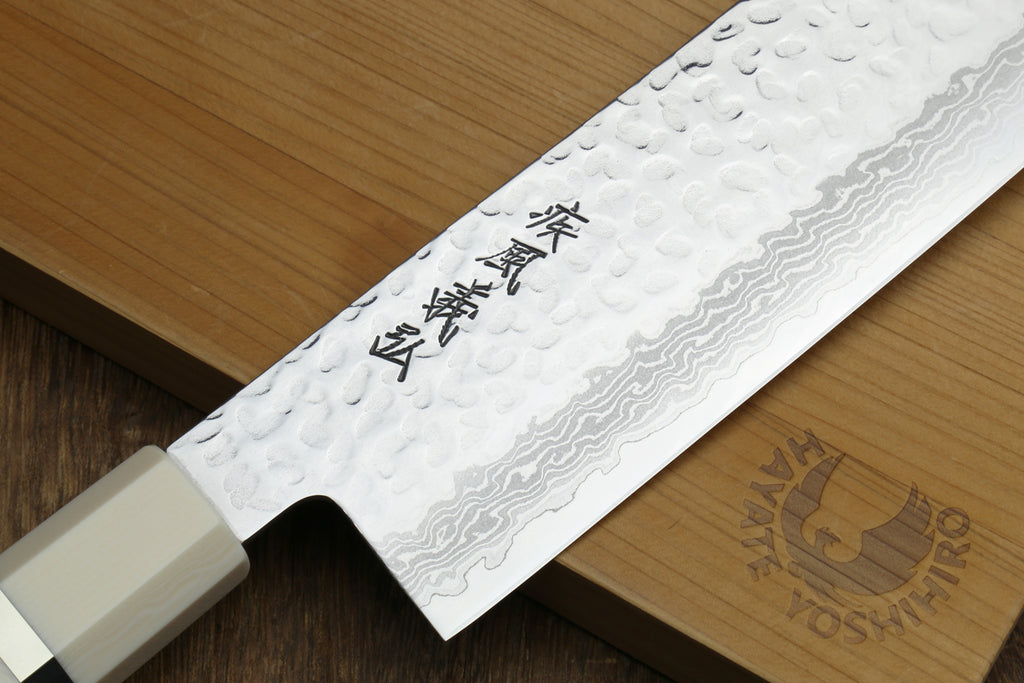 Yoshihiro VG-10 46 Layers Hammered Damascus Nakiri Japanese Vegetable Knife Howlite White Handle with Alternative Ivory Bolster(6.5" (165mm))
