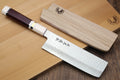 Nakiri vegetable knife with Damascus blade, rosewood handle, and wooden saya cover