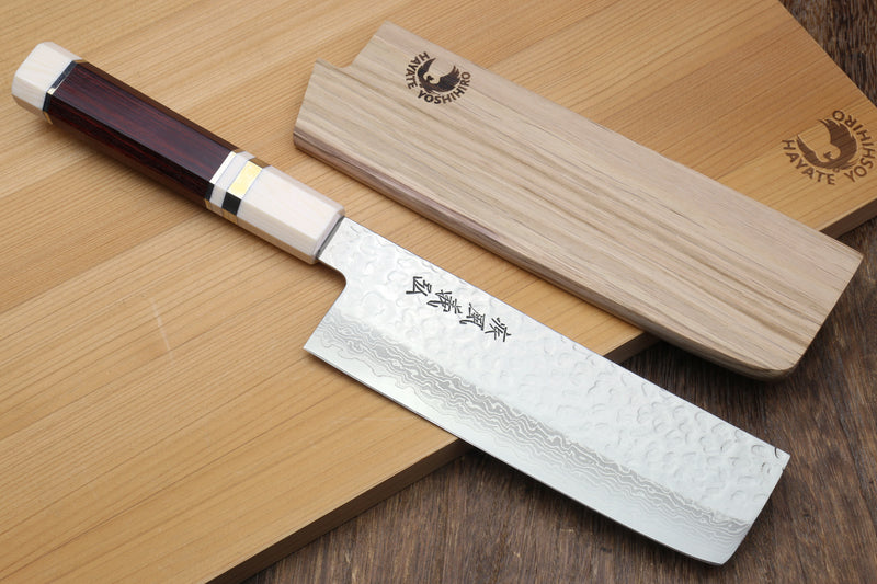 Nakiri vegetable knife with Damascus blade, rosewood handle, and wooden saya cover