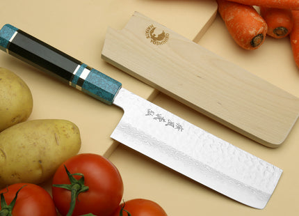 Yoshihiro VG-10 46 Layers Hammered Damascus Nakiri Japanese Vegetable Knife Octagonal Turquoise Blue Handle (Blade Length 6.5" (165mm))