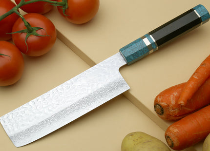 Yoshihiro VG-10 46 Layers Hammered Damascus Nakiri Japanese Vegetable Knife Octagonal Turquoise Blue Handle (Blade Length 6.5" (165mm))