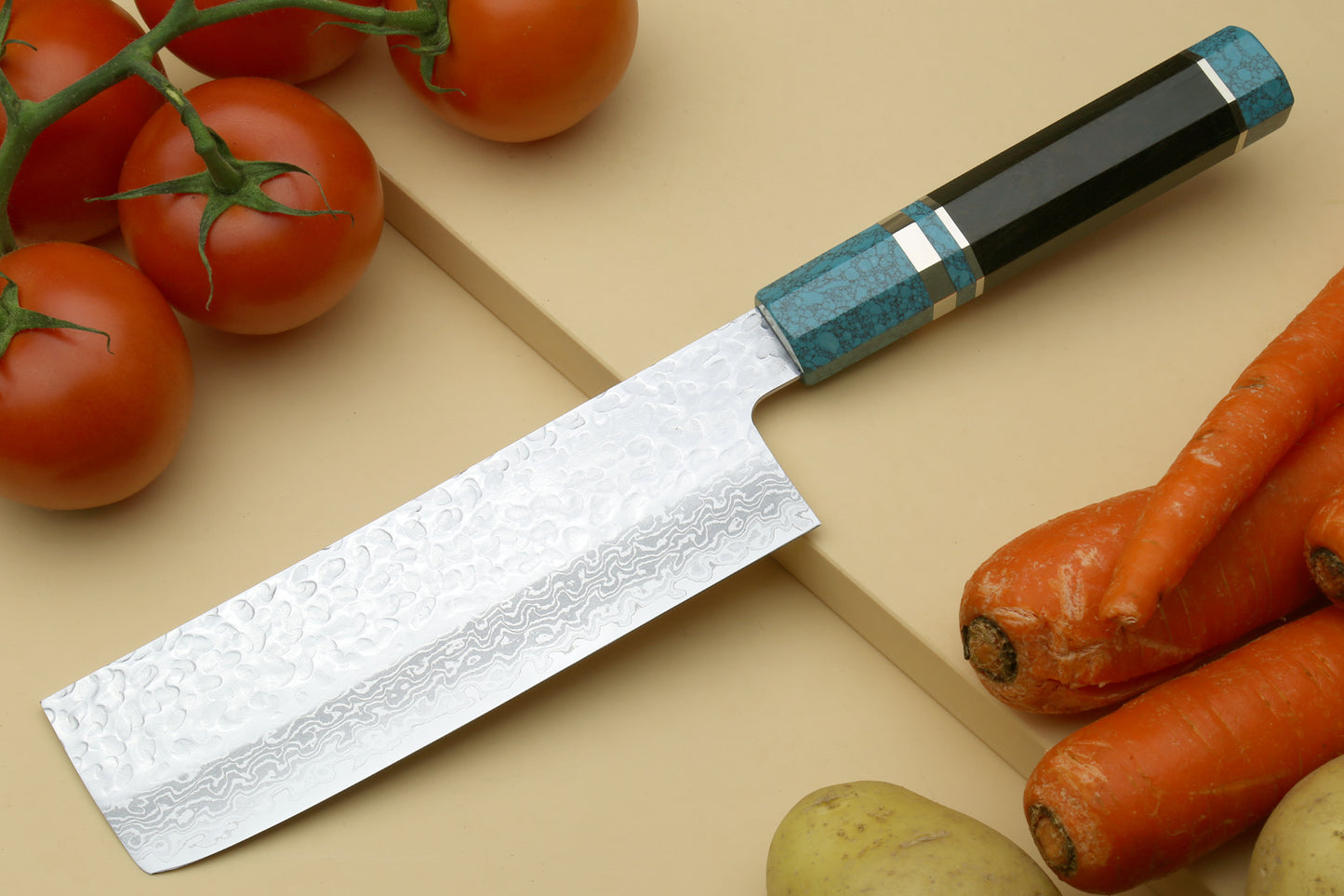 Yoshihiro VG-10 46 Layers Hammered Damascus Nakiri Japanese Vegetable Knife Octagonal Turquoise Blue Handle (Blade Length 6.5" (165mm))