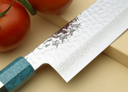 Yoshihiro VG-10 46 Layers Hammered Damascus Nakiri Japanese Vegetable Knife Octagonal Turquoise Blue Handle (Blade Length 6.5" (165mm))