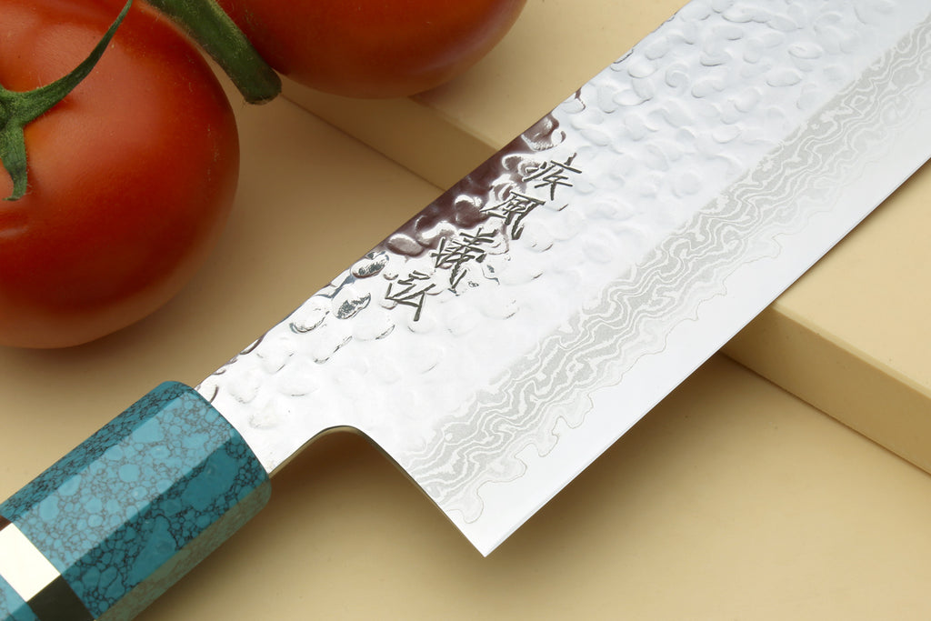 Yoshihiro VG-10 46 Layers Hammered Damascus Nakiri Japanese Vegetable Knife Octagonal Turquoise Blue Handle (Blade Length 6.5" (165mm))