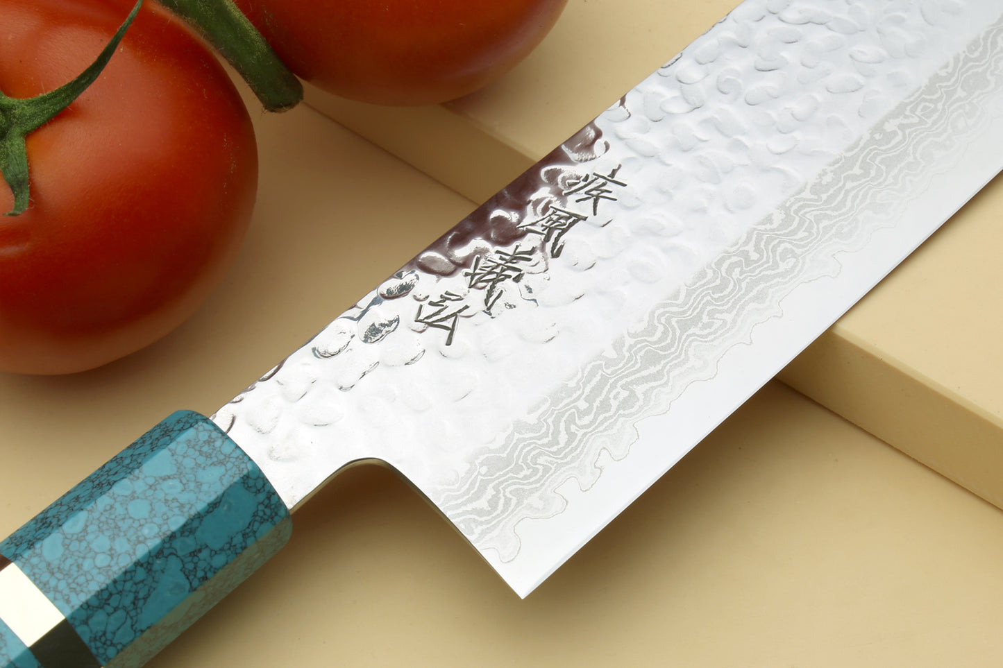 Yoshihiro VG-10 46 Layers Hammered Damascus Nakiri Japanese Vegetable Knife Octagonal Turquoise Blue Handle (Blade Length 6.5" (165mm))