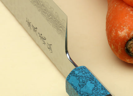 Yoshihiro VG-10 46 Layers Hammered Damascus Nakiri Japanese Vegetable Knife Octagonal Turquoise Blue Handle (Blade Length 6.5" (165mm))