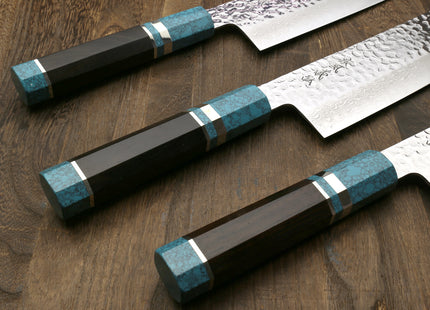 Yoshihiro VG-10 46 Layers Hammered Damascus Nakiri Japanese Vegetable Knife Octagonal Turquoise Blue Handle (Blade Length 6.5" (165mm))
