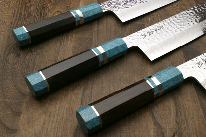 Yoshihiro VG-10 46 Layers Hammered Damascus Nakiri Japanese Vegetable Knife Octagonal Turquoise Blue Handle (Blade Length 6.5" (165mm))