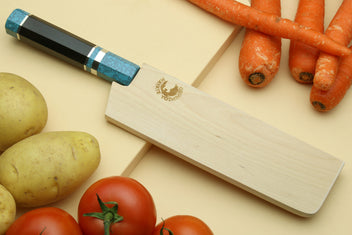 Nakiri vegetable knife with light wooden saya, turquoise octagonal handle and damascus blade