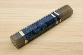 Ocean blue knife handle with horn bolster, striped center wrap, and end cap, for Santoku knives