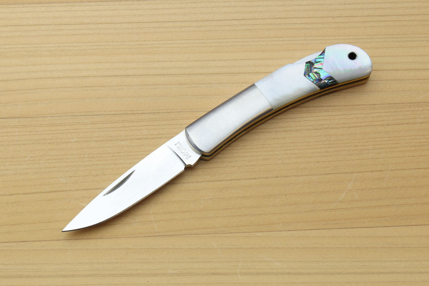 Moki AUS-8 Stainless Steel Mirror Polished Lockback Folding Pocket Knife with Abalone Arrow inlay