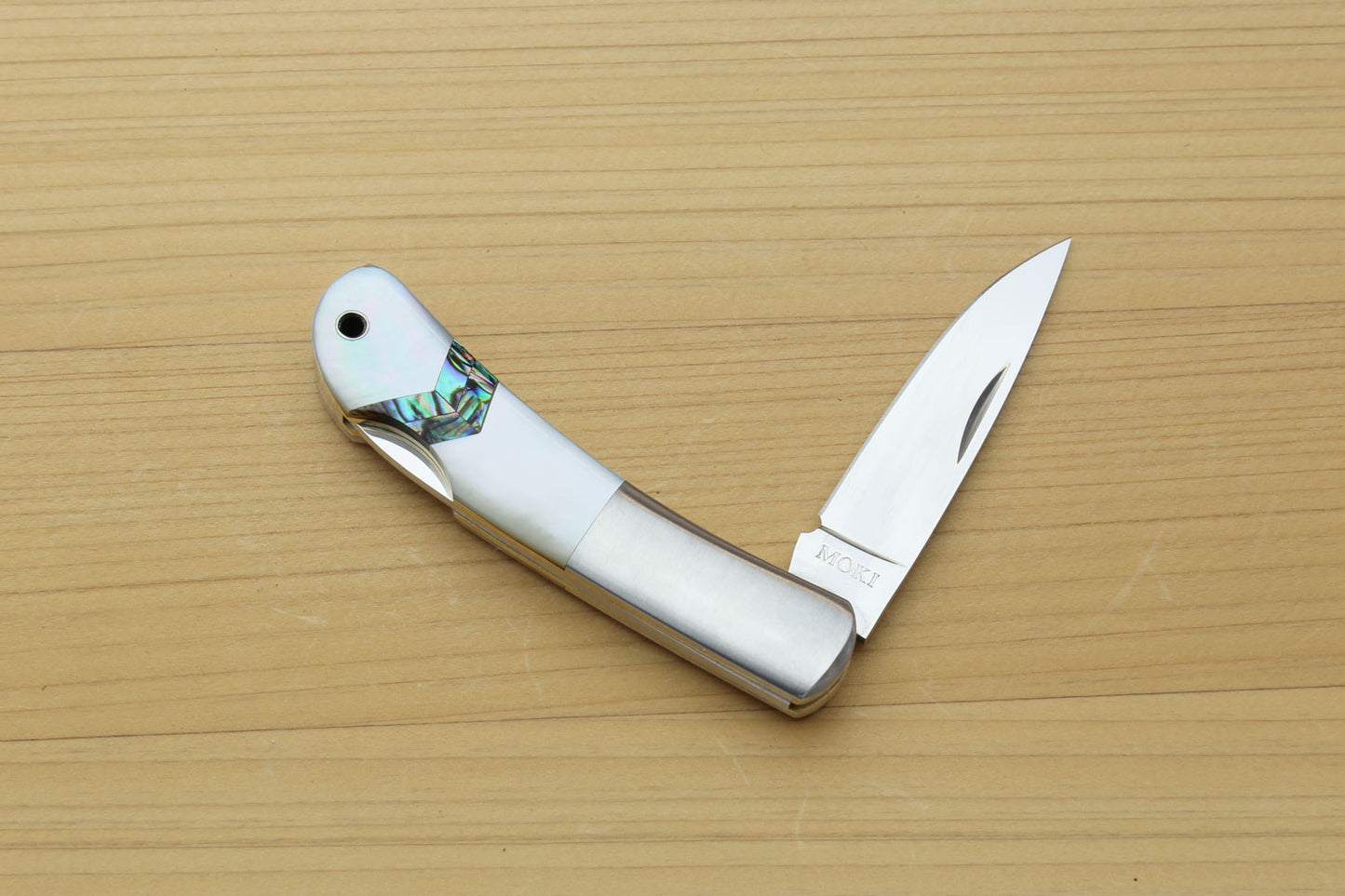 Moki AUS-8 Stainless Steel Mirror Polished Lockback Folding Pocket Knife with Abalone Arrow inlay