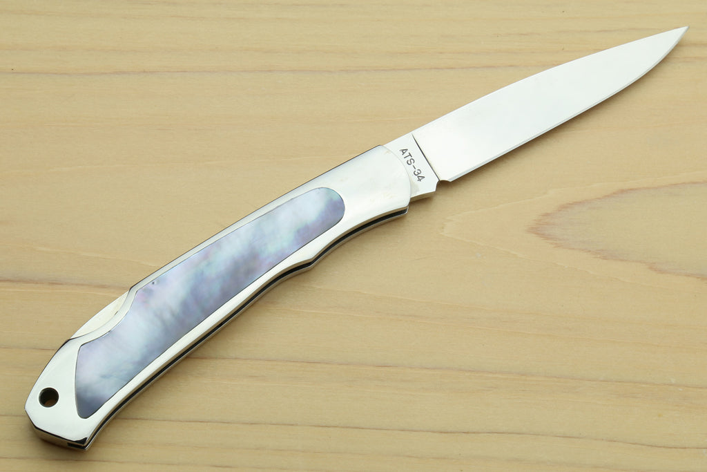 Moki ATS-34 Stainless Steel Mirror Polished Lockback Folding Pocket Knife with Abalone Inlay (TYPE G)