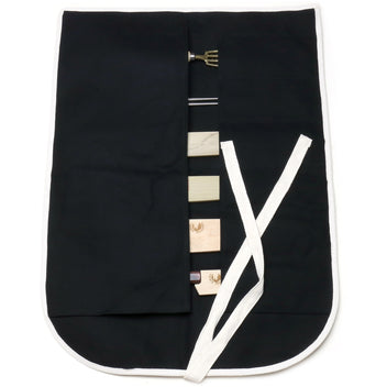 Open black cotton knife pouch bag with six slots and white cross tie