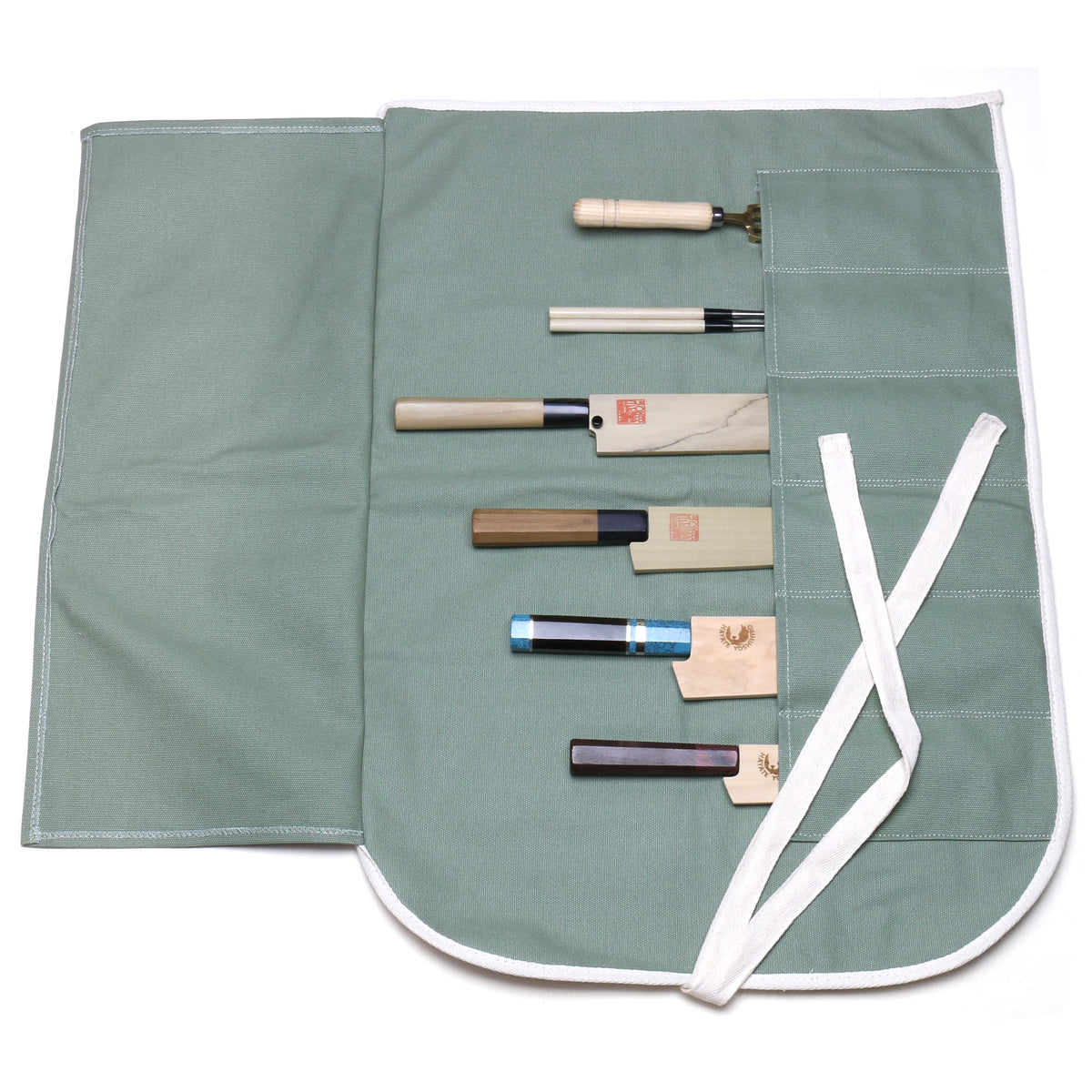 Olive-green cotton 6-slot knife pouch bag with two-panel flap and white tie strap