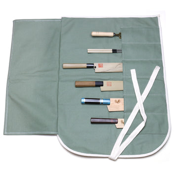 Olive-green cotton 6-slot knife pouch bag with two-panel flap and white tie strap