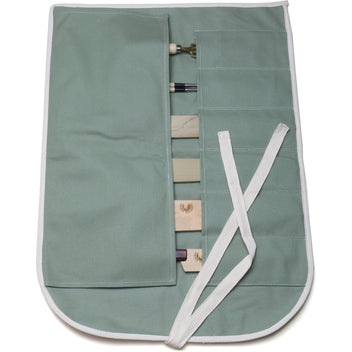 Olive-green cotton 6-slot knife pouch bag laid open with white tie strap
