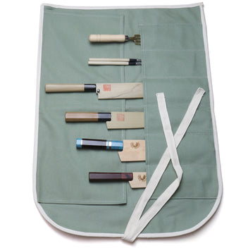 Olive-green cotton 6-slot knife pouch bag with multiple slots and white tie strap