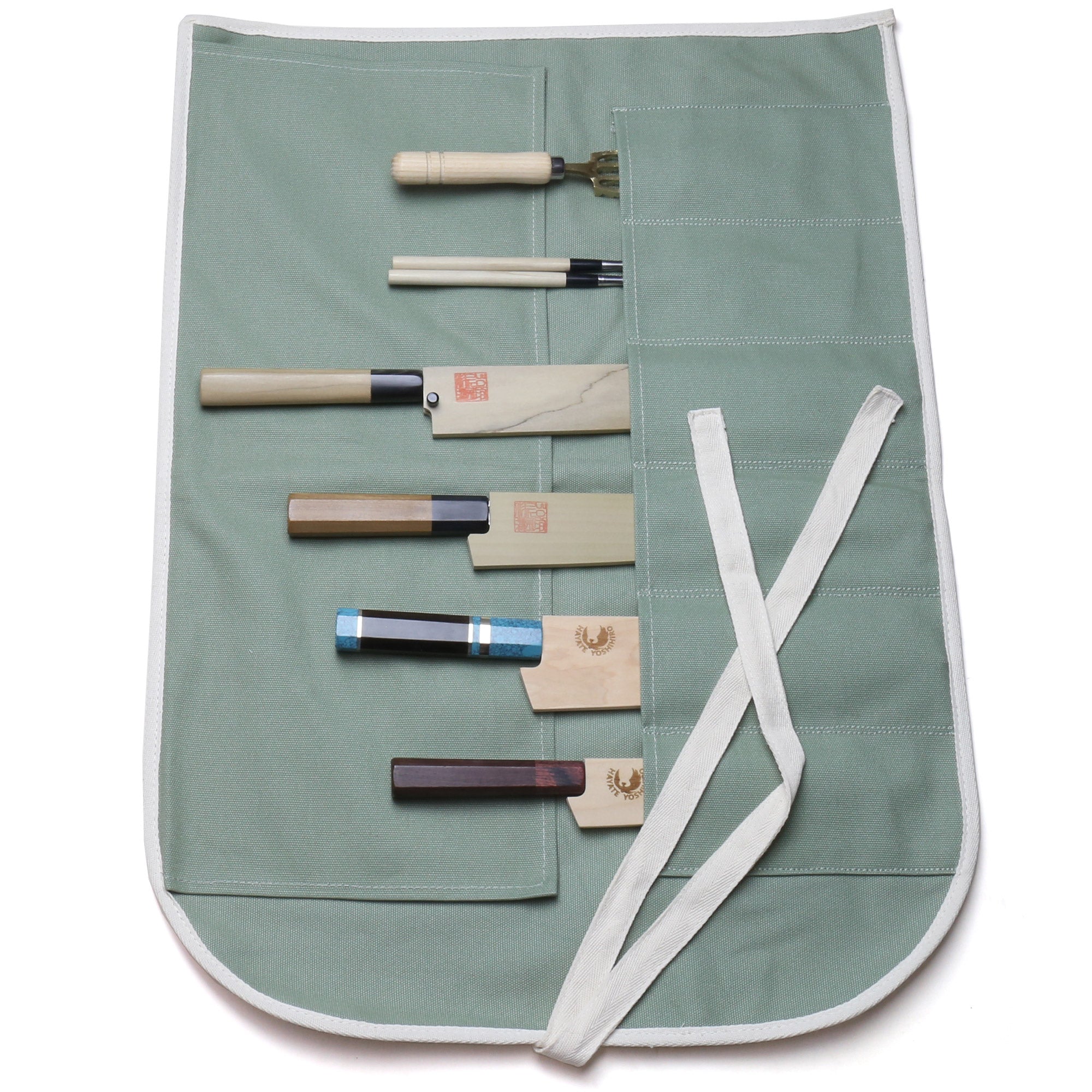 Yoshihiro Japanese Knife Cotton Pouch Bag Olive-Green Color (6 Slots)