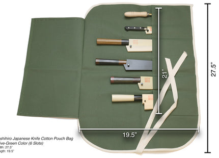 Yoshihiro Japanese Knife Cotton Pouch Bag Olive-Green Color (6 Slots)