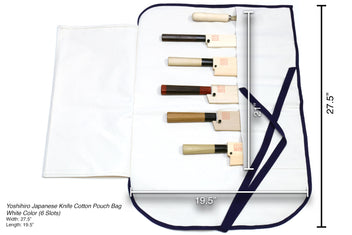 White 6-slot knife pouch bag with navy trim, shown with size measurements