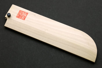Natural wooden saya cover with rounded tip and red stamp label