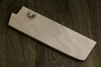 Oak wood saya blade cover with curved interior slot and embossed brand logo
