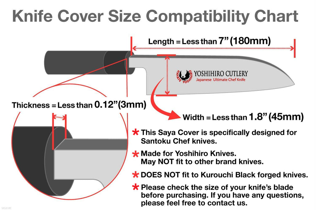 Knife cover size compatibility chart for Yoshihiro Cutlery Santoku Chef knives
