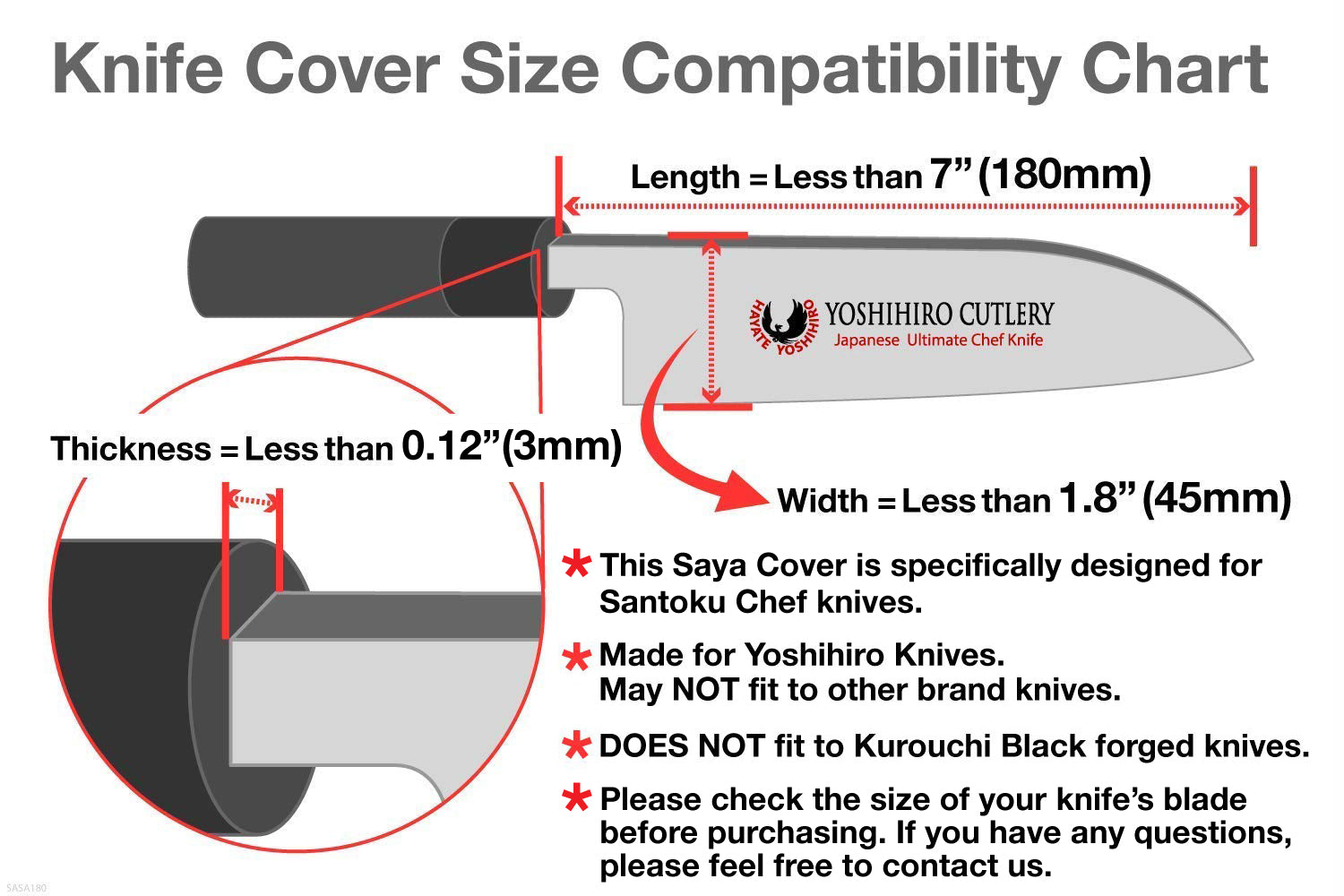 Knife cover size compatibility chart for Yoshihiro Cutlery Santoku Chef knives