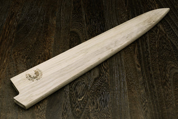 Magnetic oak wood saya blade protector cover, angled view, light wood grain finish