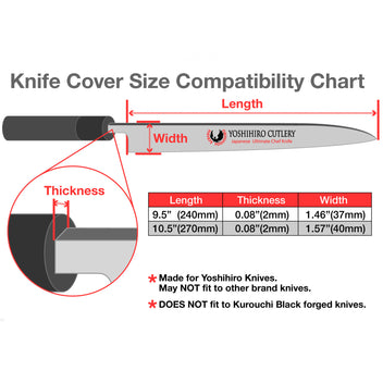 Knife cover size compatibility chart with length, width, thickness measurements