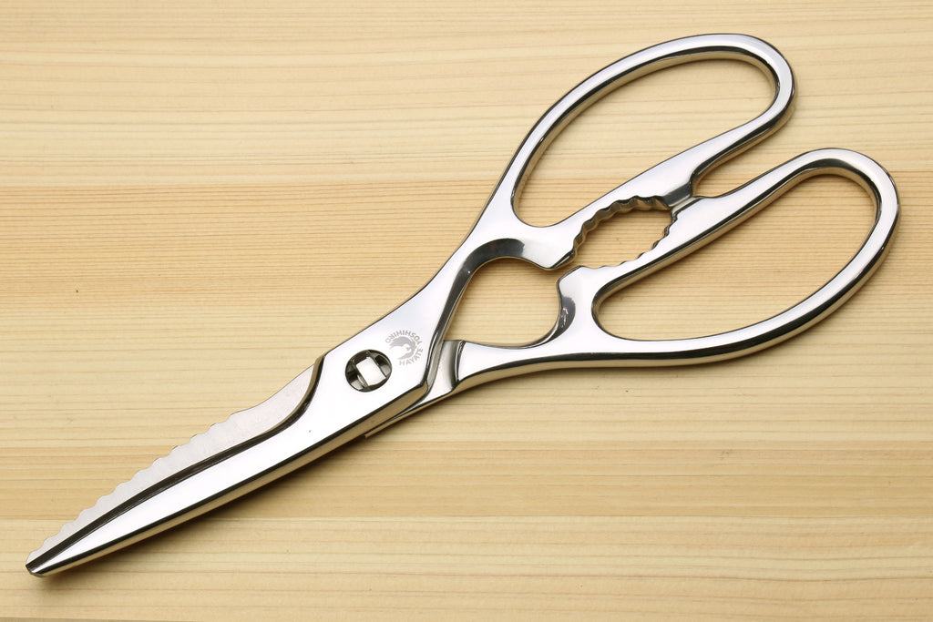 Stainless steel Japanese kitchen shears blade tip showing scalloped grip edge, with oval loop handles.