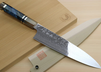 Yoshihiro Damascus SG2 (R2) Semi-Stainless Gyuto Chef Knife with Ocean Blue Handle (Blade Length 8.25" (210mm))