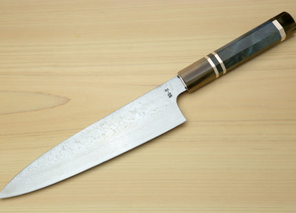 Yoshihiro Damascus SG2 (R2) Semi-Stainless Gyuto Chef Knife with Ocean Blue Handle (Blade Length 8.25" (210mm))