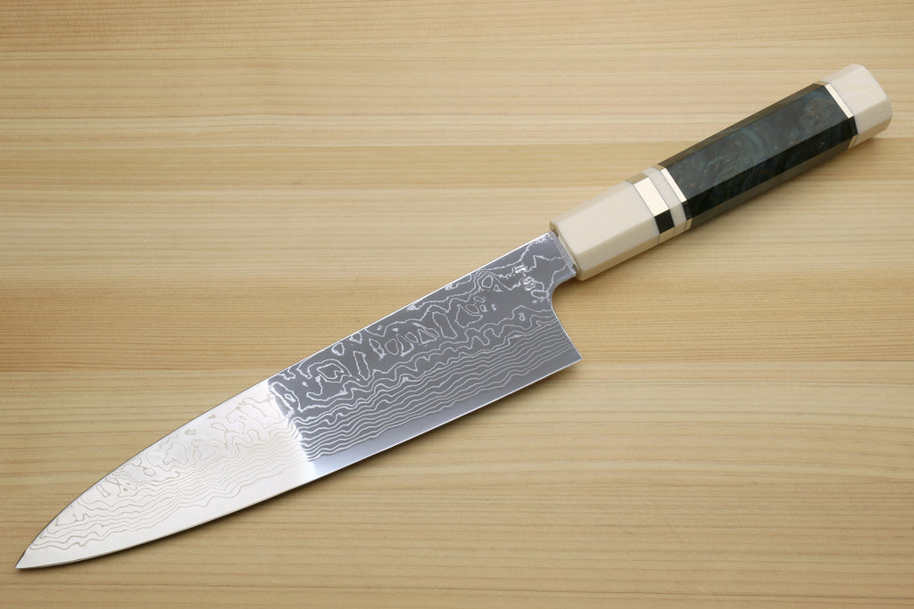 Yoshihiro Damascus SG2 (R2) Semi-Stainless Gyuto Chef Knife, Ocean Blue Handle with Alternative Ivory Bolster