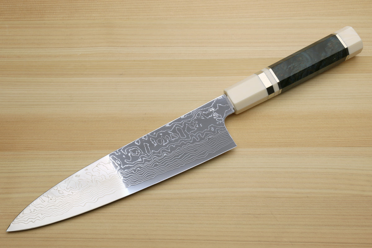 Damascus gyuto chef knife with ocean blue handle and white-patterned steel blade