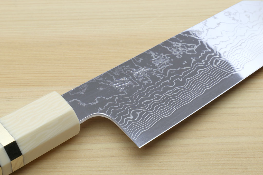 Yoshihiro Damascus SG2 (R2) Semi-Stainless Gyuto Chef Knife, Ocean Blue Handle with Alternative Ivory Bolster