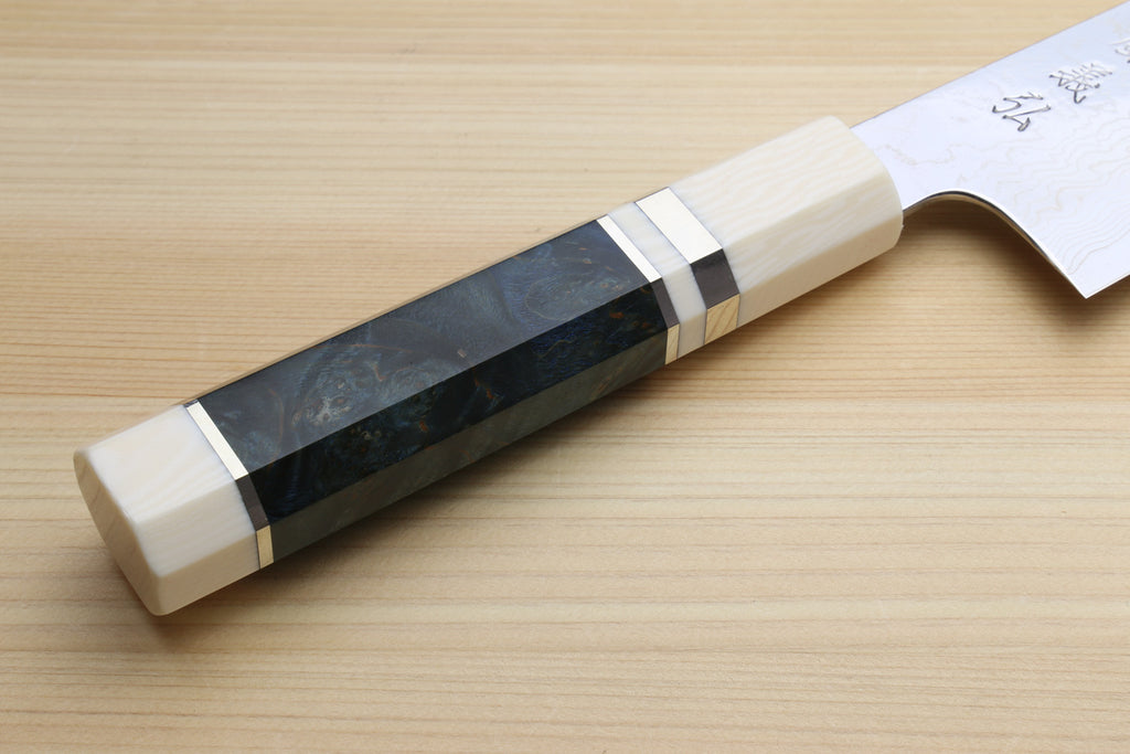 Yoshihiro Damascus SG2 (R2) Semi-Stainless Gyuto Chef Knife, Ocean Blue Handle with Alternative Ivory Bolster