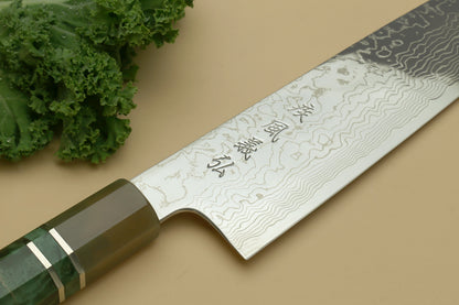 Yoshihiro Damascus SG2 (R2) Semi-Stainless Gyuto Chef Knife, Triple Ring Stabilized Maple Burl Handle