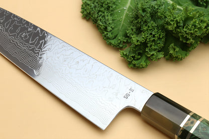 Yoshihiro Damascus SG2 (R2) Semi-Stainless Gyuto Chef Knife, Triple Ring Stabilized Maple Burl Handle