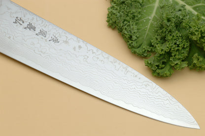 Yoshihiro Damascus SG2 (R2) Semi-Stainless Gyuto Chef Knife, Triple Ring Stabilized Maple Burl Handle