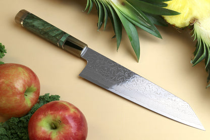 Yoshihiro Damascus SG2 (R2) Semi-Stainless Kiritsuke Chef Knife, Triple Ring Stabilized Maple Burl Handle