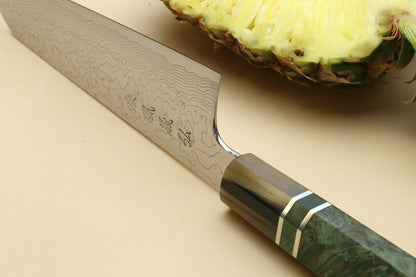 Yoshihiro Damascus SG2 (R2) Semi-Stainless Kiritsuke Chef Knife, Triple Ring Stabilized Maple Burl Handle