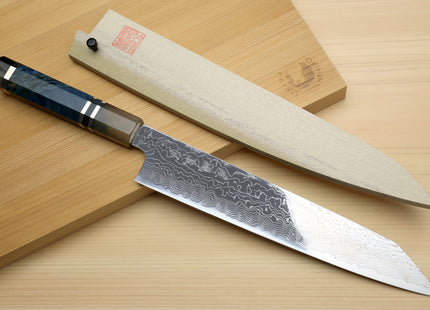 Yoshihiro Damascus SG2 (R2) Semi-Stainless Utility-Kiritsuke Chef Knife with Ocean Blue Handle (Blade Length 9.5" (240mm))